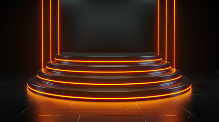 High-tech cyber stage podium with neon orange glow, perfect for showcasing modern products, isolated on a black backdrop.の素材