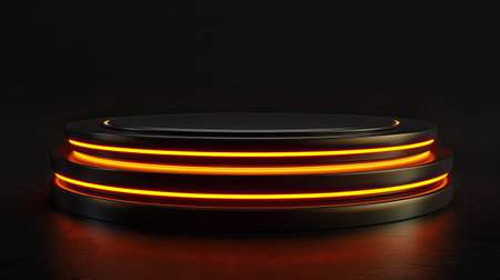 High-tech cyber stage podium with neon orange glow, designed for futuristic product showcases, isolated on a black backdrop.の素材