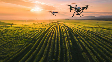 Aerial image of drones flying over crop fields, representing the future of farming with precision techniques.の素材