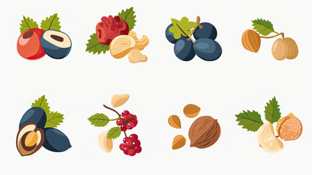 Flat icons of various nuts and berries, displayed on a white background.の素材