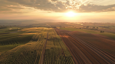 Drones flying over expansive agricultural areas, showcasing the benefits of precision farming techniques.の素材