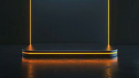 Cyber stage podium with bright neon orange glow, perfect for showcasing modern products, isolated on a dark background.の素材