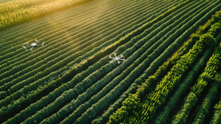 Aerial shot of drones over crop fields, highlighting the use of advanced technology in modern farming.の素材