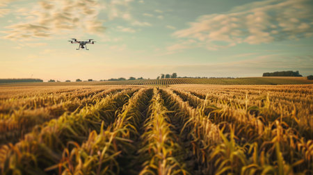 Drones in action above crop fields, representing the future of farming with precision agriculture techniques.の素材