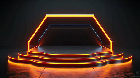Futuristic cyber stage podium with neon orange accents, ideal for showcasing contemporary products, isolated on a black background.の素材