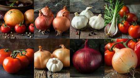 A set of 8 photos highlighting fruits and vegetables used in cooking, like onions, garlic, and tomatoes.の素材