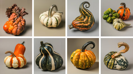 A grid of 8 photos featuring a variety of squashes in different shapes and sizes.の素材