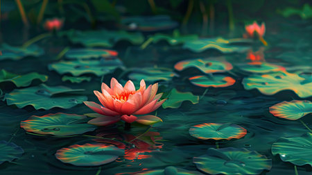 A lotus flower in a tranquil garden pond, surrounded by green lily pads.の素材