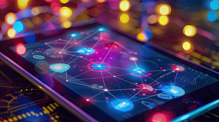 Tablet PC in use, side view, surrounded by network icons representing the digital economy and online education.の素材