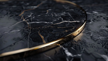 Luxurious black marble surface featuring gold edge detailing, with ample space in the center for visuals or text, ideal for upscale presentations.の素材