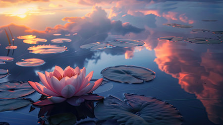 A lotus flower in a calm pond at sunset, with the sky reflecting in the water.の素材
