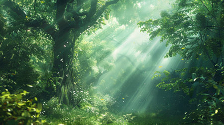 A lush green forest with sunlight filtering through the trees, creating a peaceful nature background.の素材