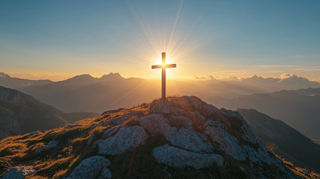 A cross on a mountain top, backlit by the sun flare. Stunning silhouette representing faith and inspiration against a breathtaking natural backdrop.の素材