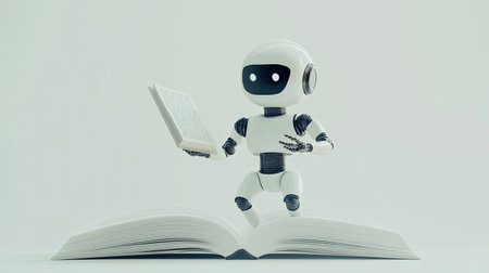 Minimalist animation of a smart robotic figure standing on a flying open book, illustrating the concept of gaining insights through reading.の素材