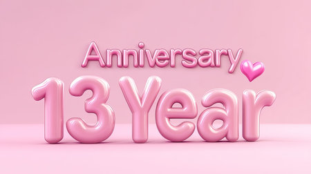Elegant 3D text displaying "Anniversary 13 Year" in pink with a 3D heart, set against a single-color background. Ideal for promotional content with space for ads.の素材