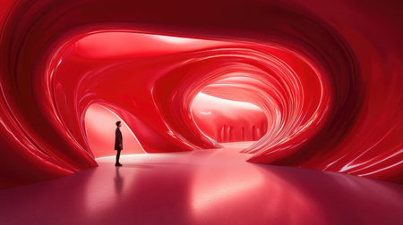 3D render of an individual within a red curved abstract architectural setting, emphasizing fluid shapes and modern aesthetics.の素材
