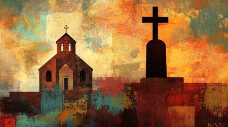Christian-themed abstract image with a church, tombstone, and cross, conveying faith and spirituality in a modern, international style. Ideal for religious materials.の素材