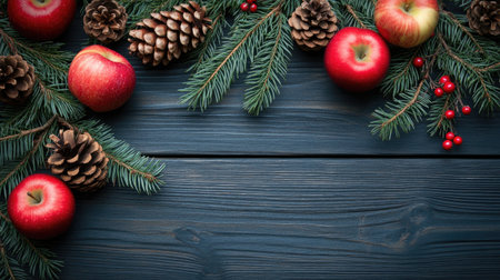 Christmas-themed background with fir branches, red apples, and pine cones arranged on a dark wood texture. Ideal for holiday-themed visuals with text space.の素材