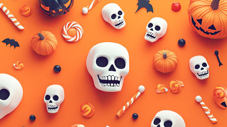Bright orange Halloween background with an assortment of skulls, pumpkins, candy, and other spooky decorations. Perfect for holiday marketing materials.の素材