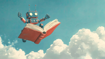 Creative self-drawing animation of a smart robot riding a large open book, soaring high in the sky. Symbolizes the power of reading and learning.の素材