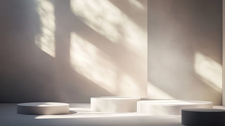 Spotlight casting dramatic shadows on empty display stands, set in an abstract style. The scene invites imagination and highlights the stands' potential.の素材