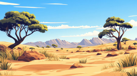 A bright summer day in the African savannah desert with sand, rocks, green acacia trees, and distant rocky mountains. Cartoon vector illustration with a clear blue sky and expansive sky area.の素材