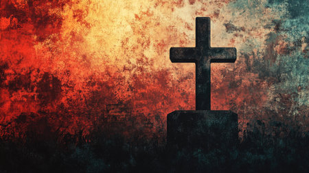 Abstract representation of a church, tombstone, and cross in a Christian context, showcasing faith and spirituality. Suitable for international religious visuals.の素材