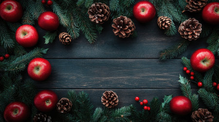 Festive Christmas scene featuring fir branches, red apples, and pine cones on a dark wood background. Top-down arrangement, perfect for holiday greetings.の素材