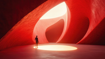 A person stands in a red curved abstract architectural space, bathed in surreal light. 3D rendering showcasing futuristic design and human presence.の素材