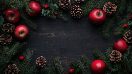 Dark wooden table adorned with fir branches, red apples, and pine cones in a flat lay arrangement. Perfect for Christmas cards and festive marketing.の素材