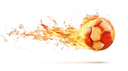 A Sepak Takraw ball with dynamic flames trailing behind, illustrating the force of a powerful 3D kick. The fire adds dramatic impact against the clean white background.の素材