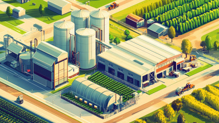 Illustration of a modern agribusiness operation, showcasing efficiency and profit maximization in the food industry.の素材