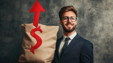 Executive with a dollar money bag and a red arrow pointing up. Symbolizing financial success, rising profits, and increased interest rates.の素材