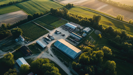 Aerial view of a large agribusiness operation, focusing on maximizing efficiency and profits in the food industry.の素材
