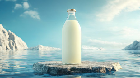 Elegant 3D glass bottle of organic white juice displayed on a floating platform above the water surface, creating a visually appealing ad template that highlights purity and freshness.の素材