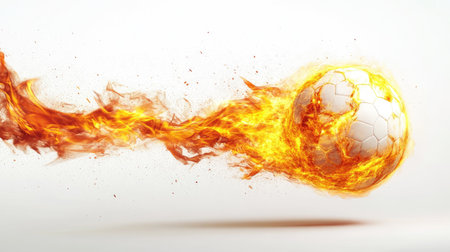 A flaming Sepak Takraw ball in mid-flight, showcasing the explosive power of a 3D kick. The bright flames stand out vividly on the white background.の素材