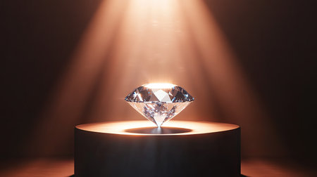 Premium display stand featuring a sparkling diamond with light shining from above, ideal for luxury advertisements. Abstract elements add a touch of preciousness.の素材