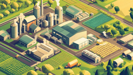 Illustration of a thriving agribusiness, with crops, livestock, and processing plants. Represents the food industry's focus on efficiency and profit.の素材