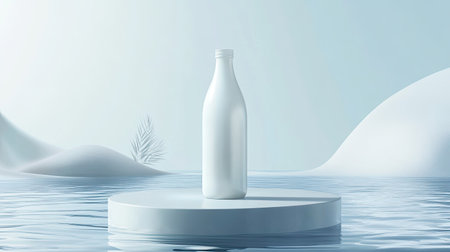 Fresh organic white juice advertising template featuring a 3D glass bottle displayed on a sleek platform floating above the water surface, capturing the essence of purity and freshness.の素材