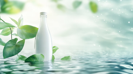 Elegant and natural white juice ad template featuring a 3D glass bottle on a green vine leaf, floating above a tranquil water surface, emphasizing freshness and purity.の素材