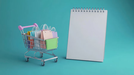 Notebook with a blank white screen and a miniature shopping cart filled with paper bags, symbolizing the convenience of online shopping in an abstract visual.の素材