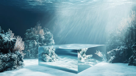 Elegant underwater display stand with a clear, luxurious look. The abstract oceanic environment signifies preciousness and provides space for eye-catching advertisements.の素材