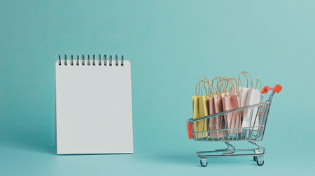 Notebook with a blank white screen and a miniature shopping cart filled with paper bags, symbolizing the convenience of online shopping in an abstract visual.の素材