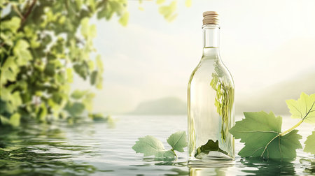 Beautiful 3D ad template showcasing a glass bottle of organic white juice resting on a green vine leaf, floating gracefully above a reflective water surface.の素材
