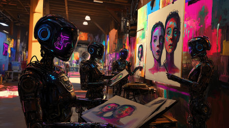 A group of robot people from the future, engaged in drawing self-portraits in a creatively designed abstract art room, filled with colors and artistic energy.の素材