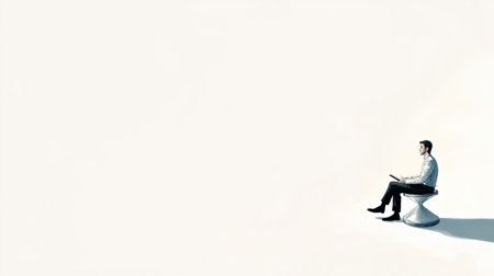 An abstract scene featuring a man working while seated on an hourglass, with a stark white background providing plenty of advertising space.の素材