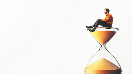 A man sitting atop an hourglass, working diligently in an abstract style on a white background, leaving ample space for advertisementsの素材