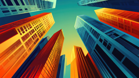 An abstract arrangement of corporate buildings in a modern style, leaving room for advertising. This visually striking layout highlights the essence of urban sophistication and business innovation.の素材