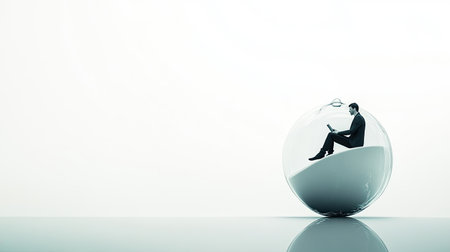 Abstract image of a man seated on a giant hourglass, focused on his work against a minimalist white background, perfect for ad space.の素材