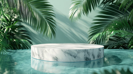 Marble podium stand in the center of a pristine swimming pool, encircled by tropical palm leaves. Perfect backdrop for elegant and luxurious product displays.の素材